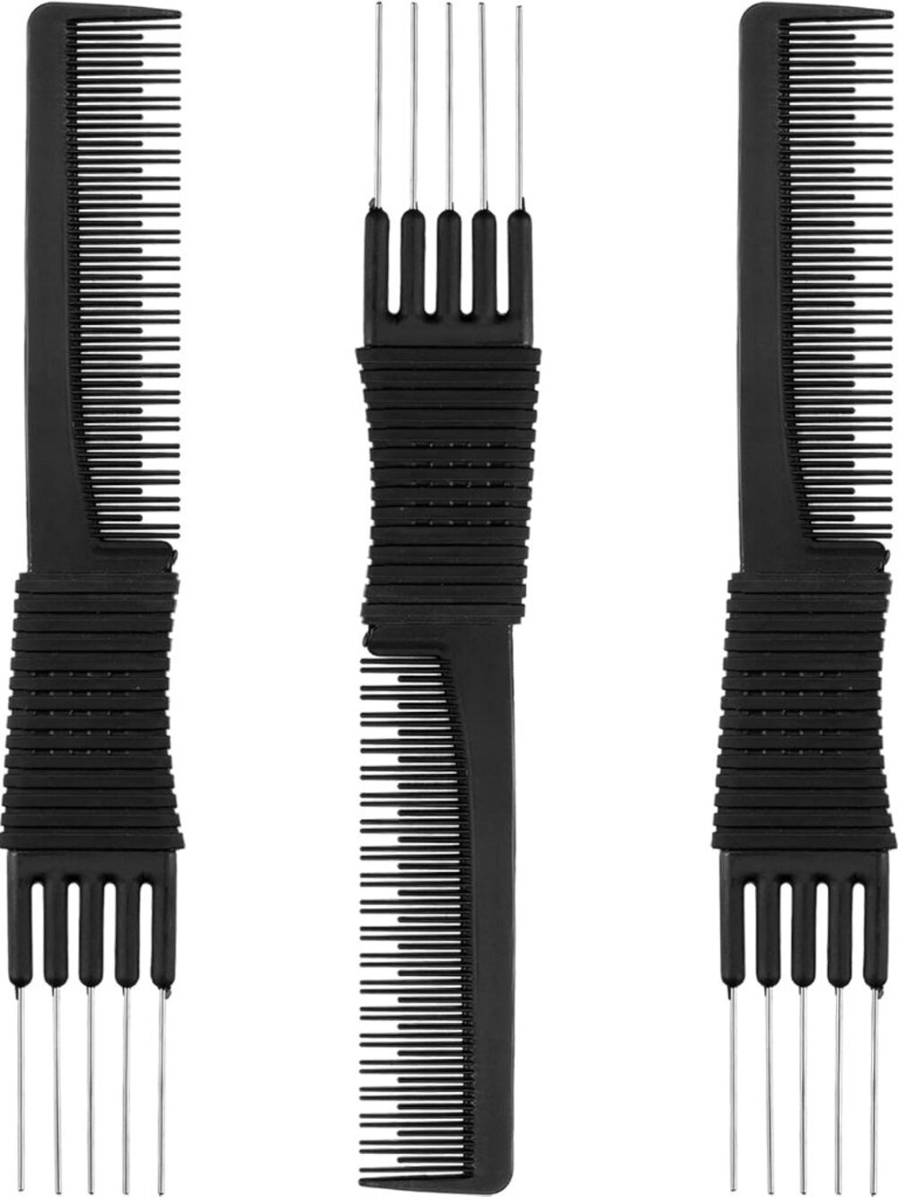 3 Pack Teasing Combs with Metal Pick, Black